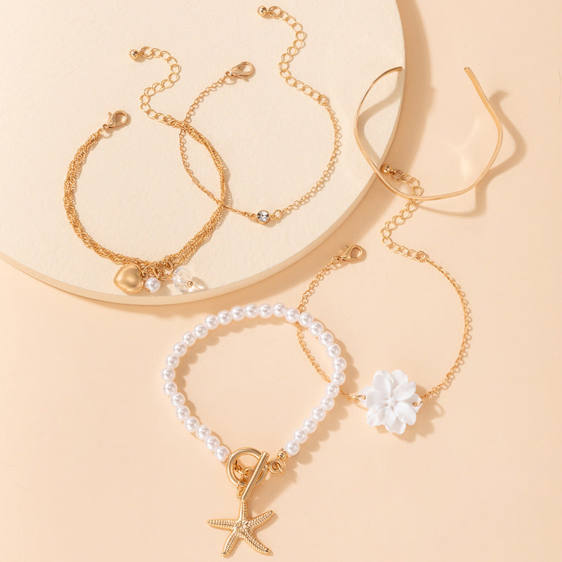 5-Piece White Flower & Starfish Pearl Bracelet Set – Summer Beach Jewelry for Women