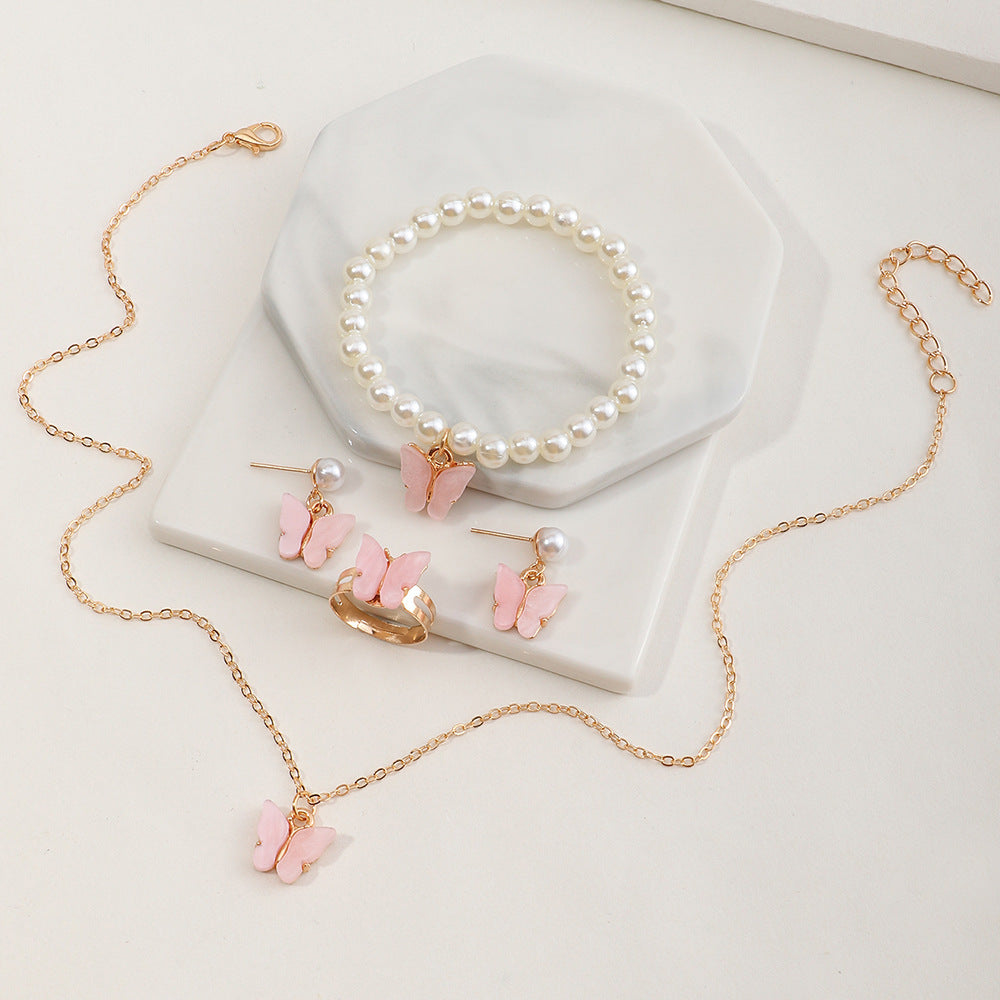 Girls’ Jewelry Gift Set – Butterfly Necklace with Pearl Bracelet, Ring & Earrings