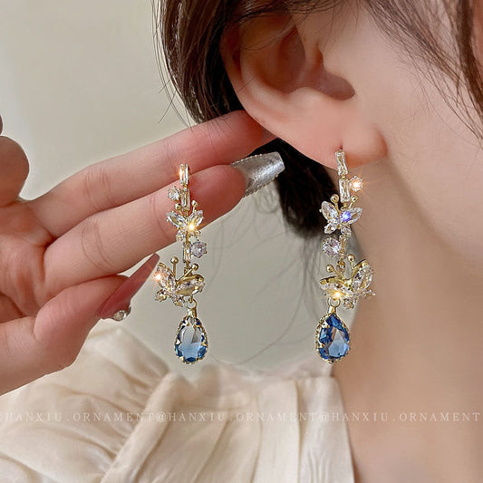 Zircon Butterfly Water Drop Tassel Earrings – Elegant Silver Needle Design
