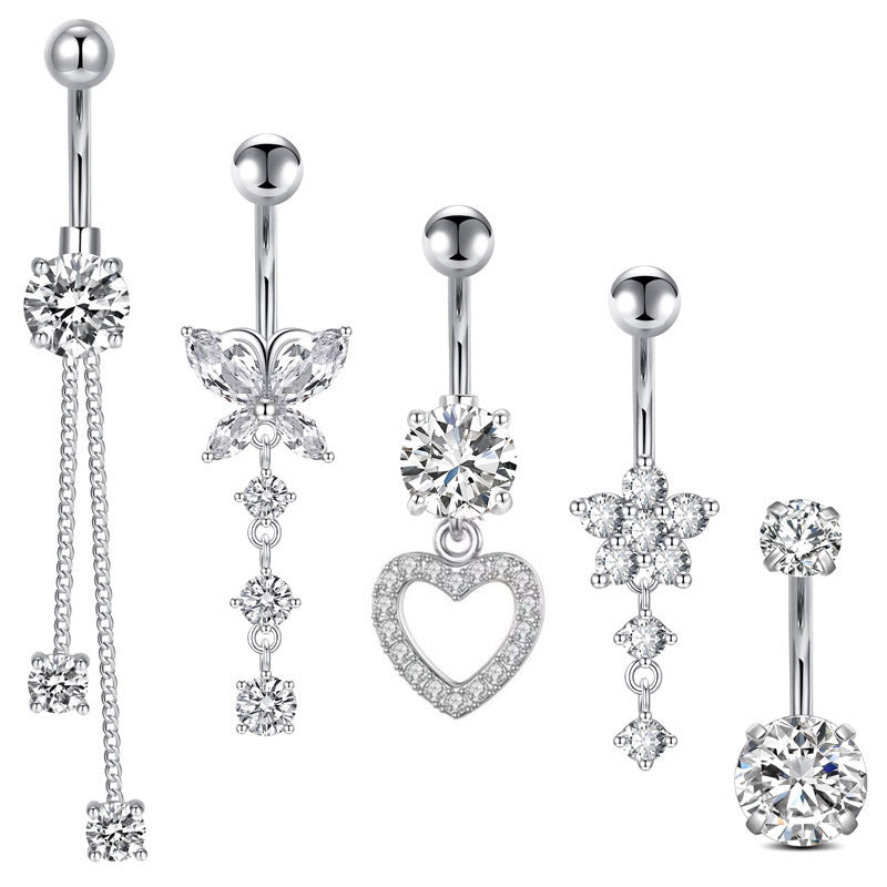 4G Stainless Steel Heart-Shaped Zircon Belly Ring with Butterfly Pendant – Women's Navel Piercing Jewelry