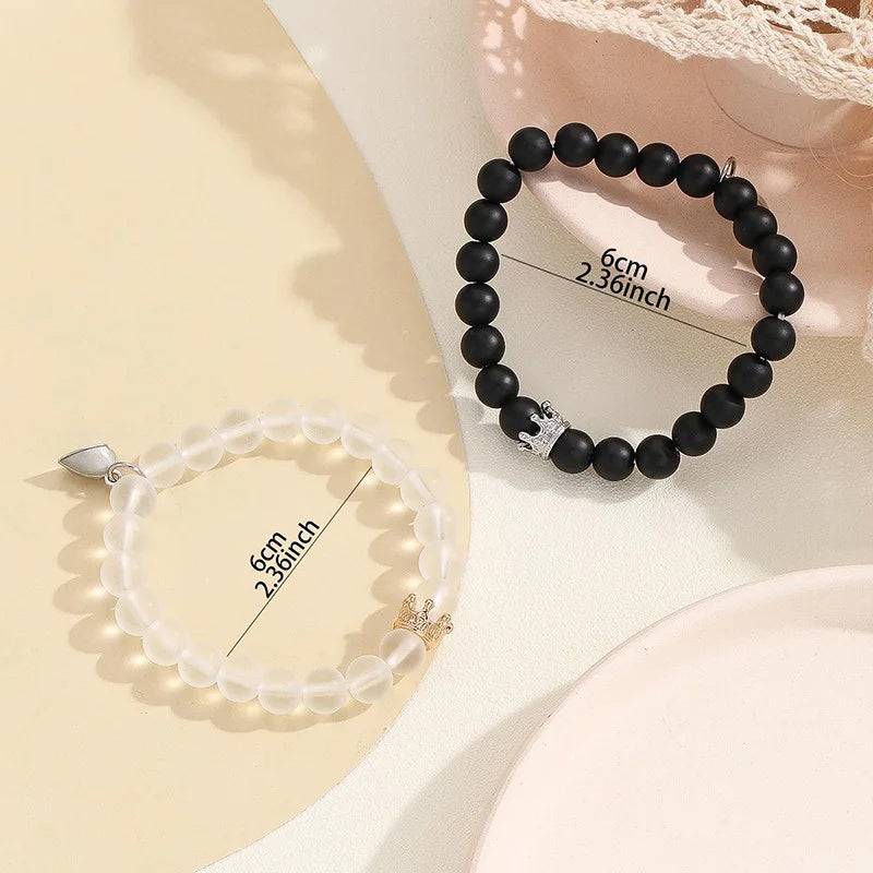 2pcs Handmade Glow-in-the-Dark Couple Bracelets – Crown & Luminous Heart Beaded Charms for Men & Women | Romantic Fluorescent Jewelry Gift