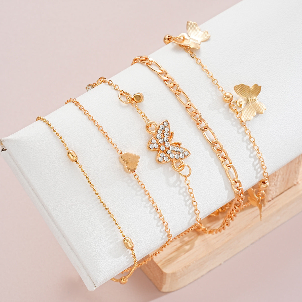 Butterfly Heart Anklet Set – 4-Piece Elegant Beaded Chain for Women