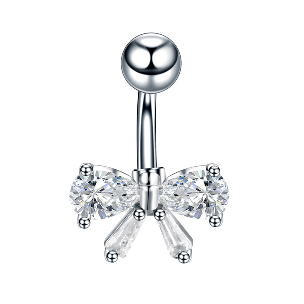 Stainless Steel Bow Navel Stud with Zircon – Elegant Belly Button Piercing Jewelry