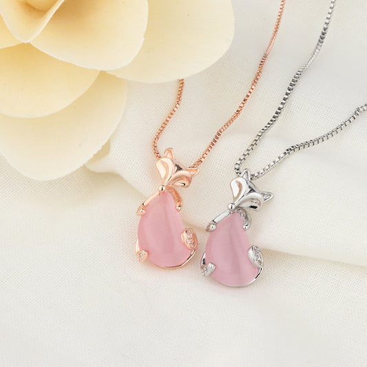 Rose Gold Crystal Fox Pendant Necklace – Simple Clavicle Chain Jewelry for Women