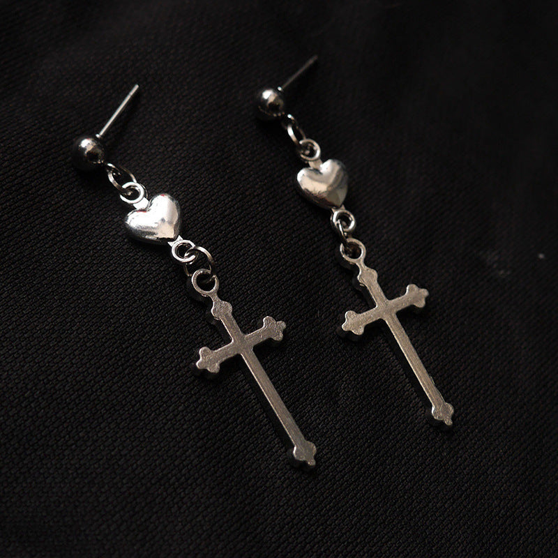 Dark Aesthetic Cross Heart Earrings – Vintage-Inspired Dangle Jewelry