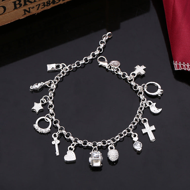 Boho Silver Plated Copper Charm Bracelet – Fashion Jewelry with 13 Unique Pendants, Trendy Multi-Element Design