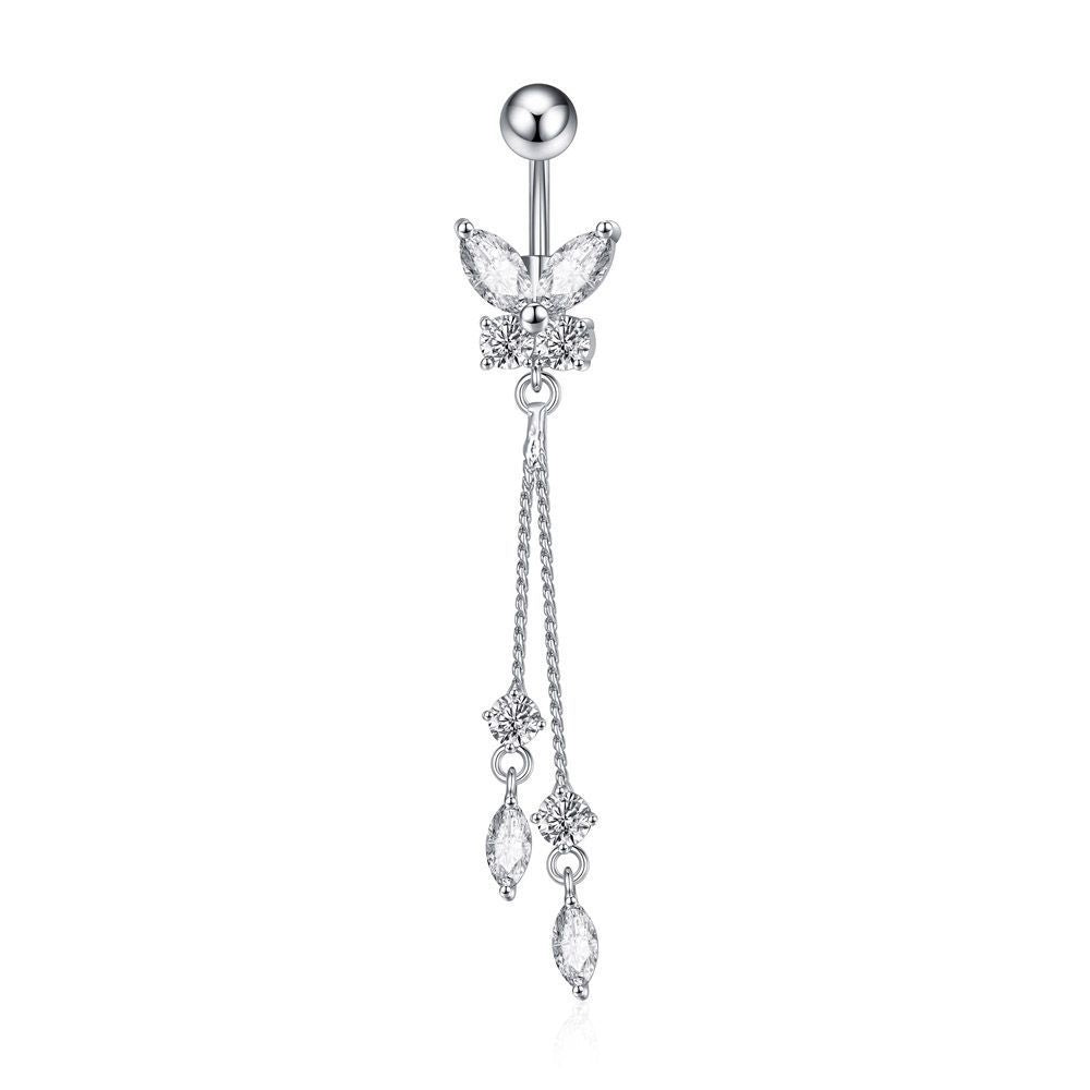 Butterfly Zircon Tassel Belly Button Ring – Trendy Stainless Steel Navel Piercing Jewelry for Women