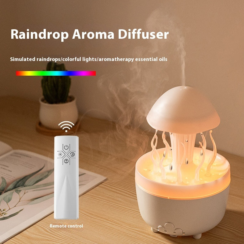 Jellyfish Raindrop Aroma Diffuser – Colorful LED Humidifier with Simulated Raindrops, Rotating Night Lamp, Aromatherapy Mist Maker for Bedroom, Living Room & Office