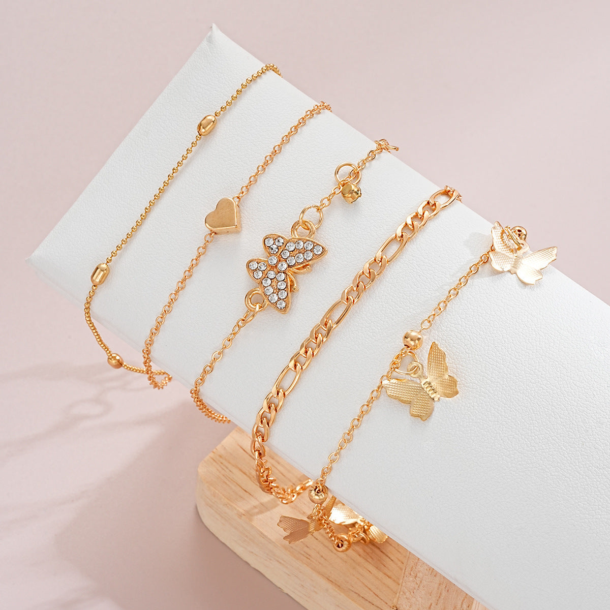 Butterfly Heart Anklet Set – 4-Piece Elegant Beaded Chain for Women