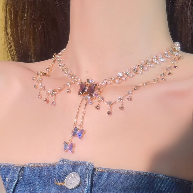 Multi-Layer Crystal Mermaid Princess Necklace – Elegant Copper Alloy Jewelry for Women