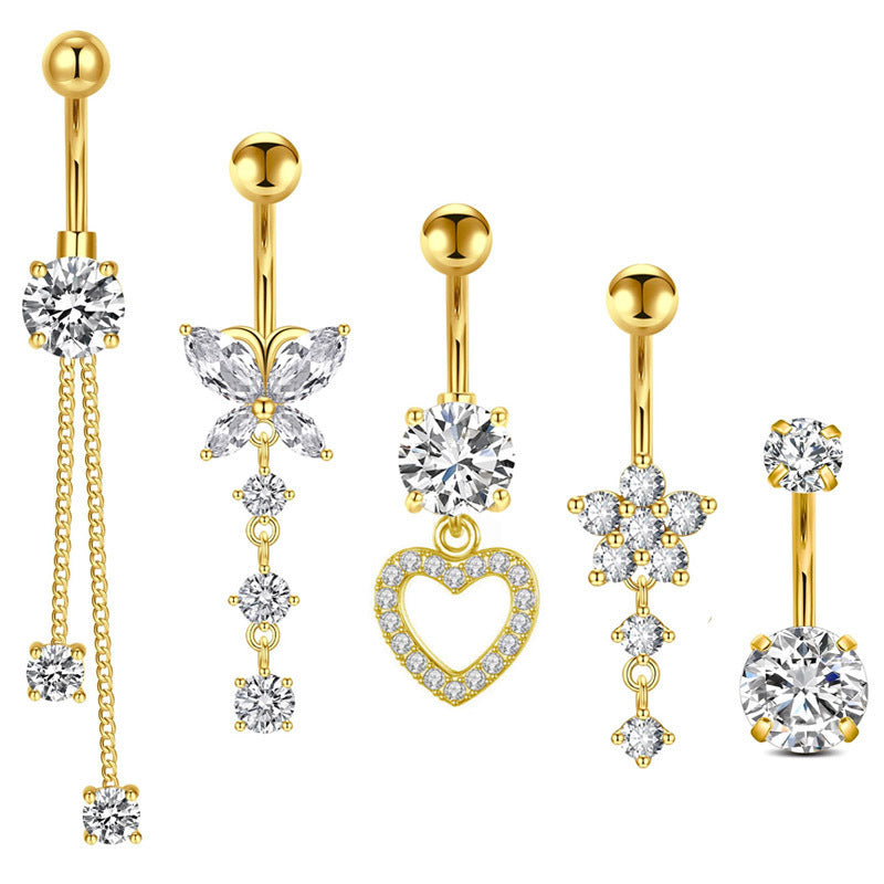 4G Stainless Steel Heart-Shaped Zircon Belly Ring with Butterfly Pendant – Women's Navel Piercing Jewelry