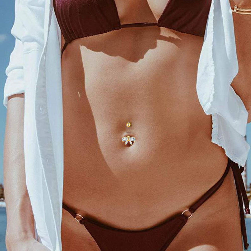 Stainless Steel Bow Navel Stud with Zircon – Elegant Belly Button Piercing Jewelry