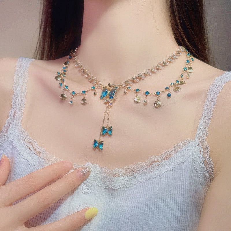 Multi-Layer Crystal Mermaid Princess Necklace – Elegant Copper Alloy Jewelry for Women