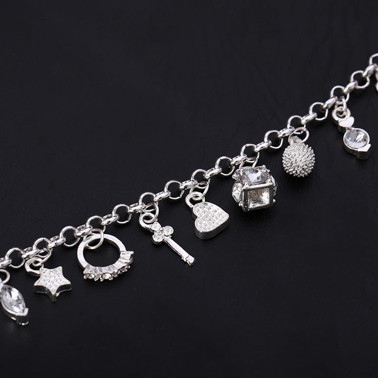 Boho Silver Plated Copper Charm Bracelet – Fashion Jewelry with 13 Unique Pendants, Trendy Multi-Element Design