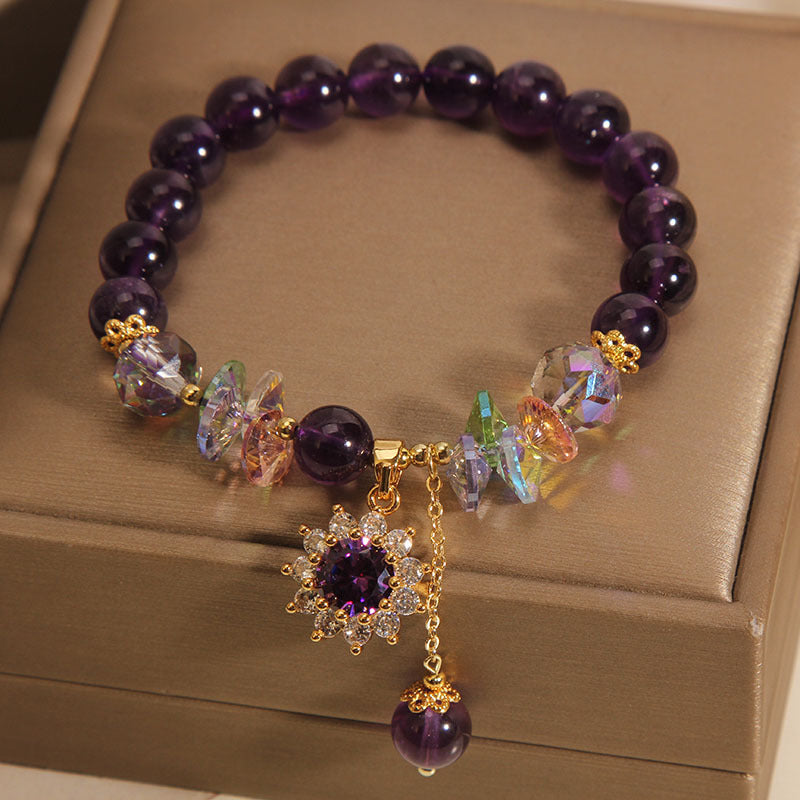 Vintage Amethyst Bracelet with Micro-Inlaid Sunflower Pendant – Elegant Retro Style for Women