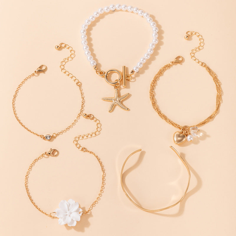 5-Piece White Flower & Starfish Pearl Bracelet Set – Summer Beach Jewelry for Women