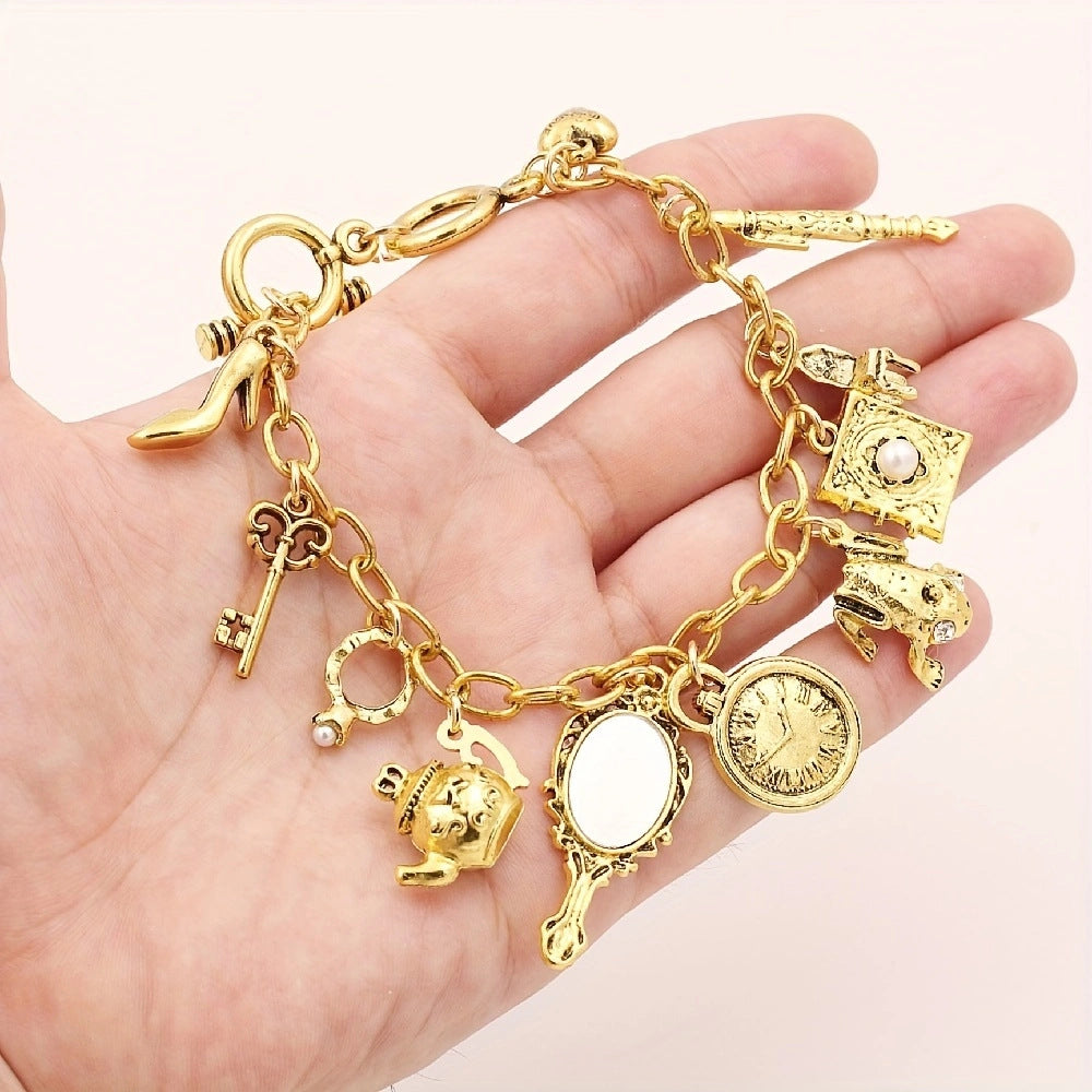 Vintage Charm Bracelet – Retro Clock, Mirror, Key, Frog, Teapot & Shoe Pendants, Unique Medieval Style Jewelry Gift