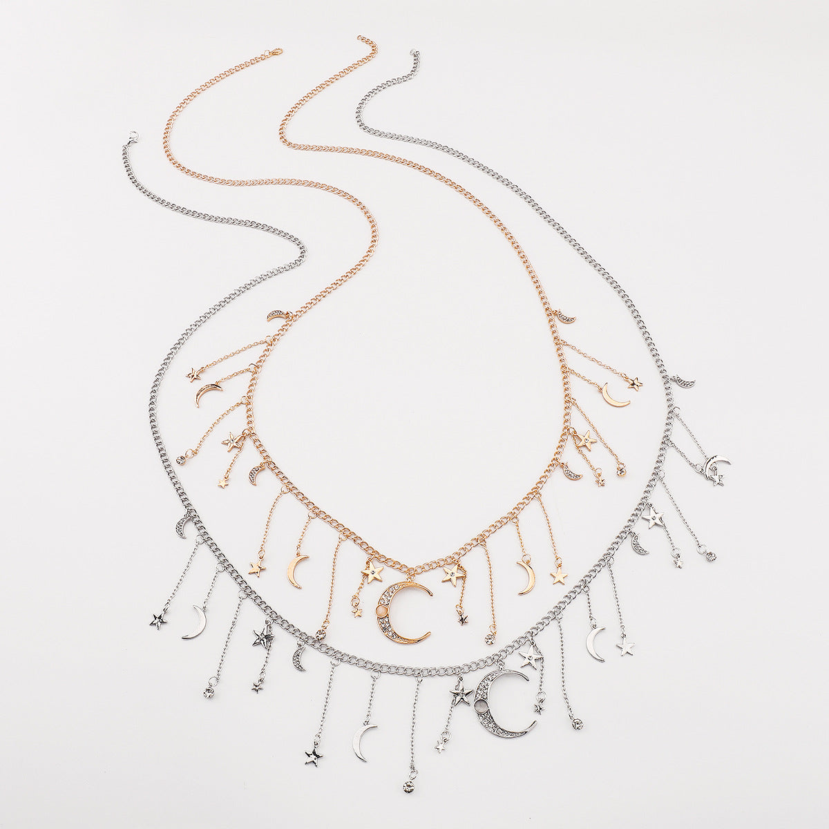 Bohemian Celestial Waist Chain – Star & Moon Necklace with Tassels, White Gold-Plated Jewelry for Women