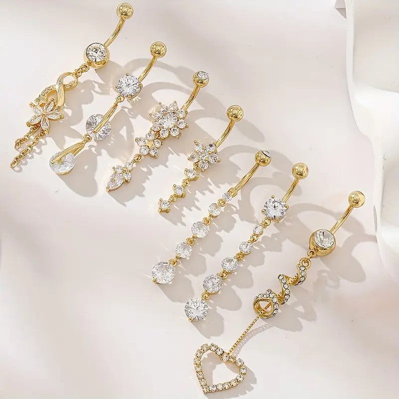 7pcs Elegant Floral Tassel Navel Stud Set – Fashion Belly Button Piercing Jewelry for Women