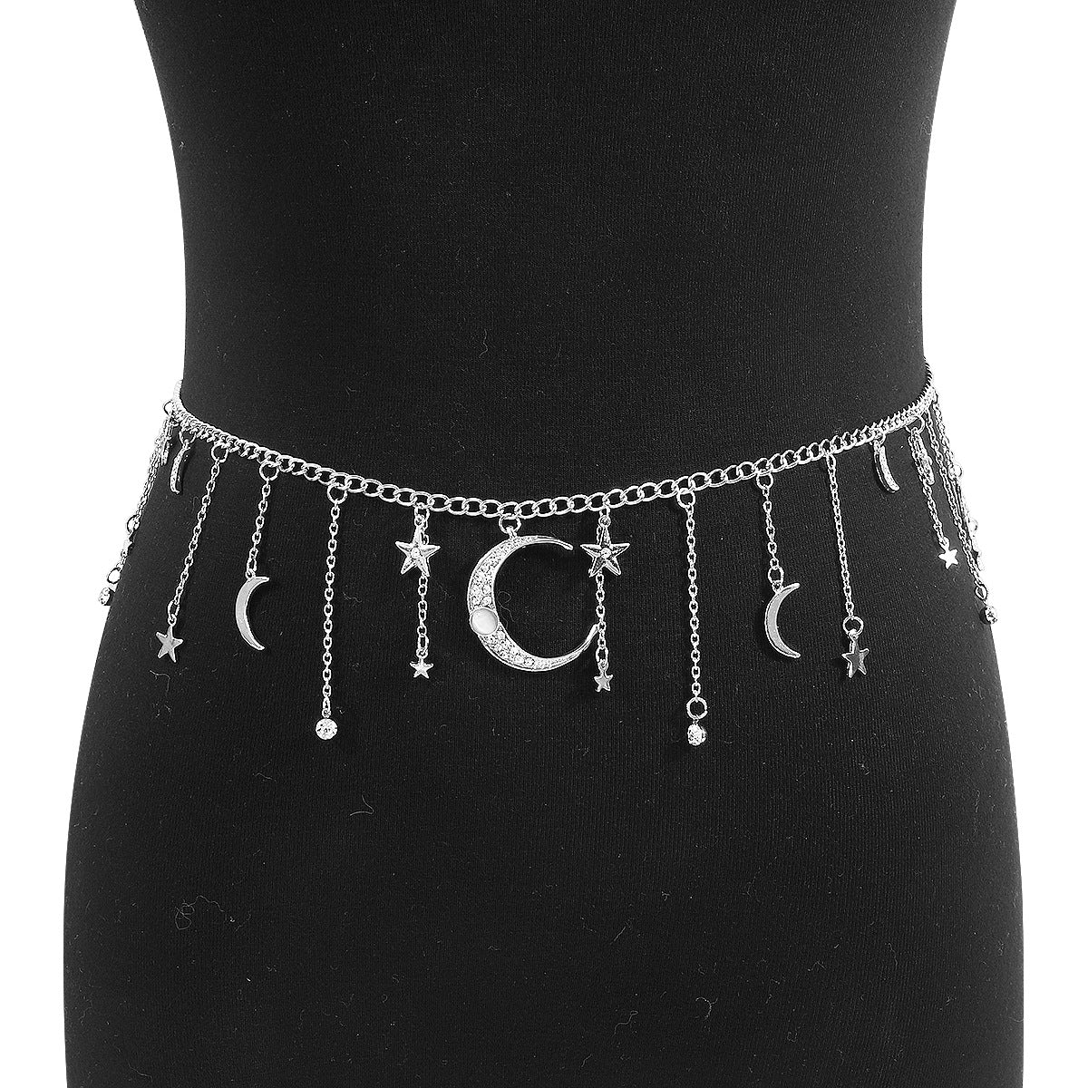 Bohemian Celestial Waist Chain – Star & Moon Necklace with Tassels, White Gold-Plated Jewelry for Women
