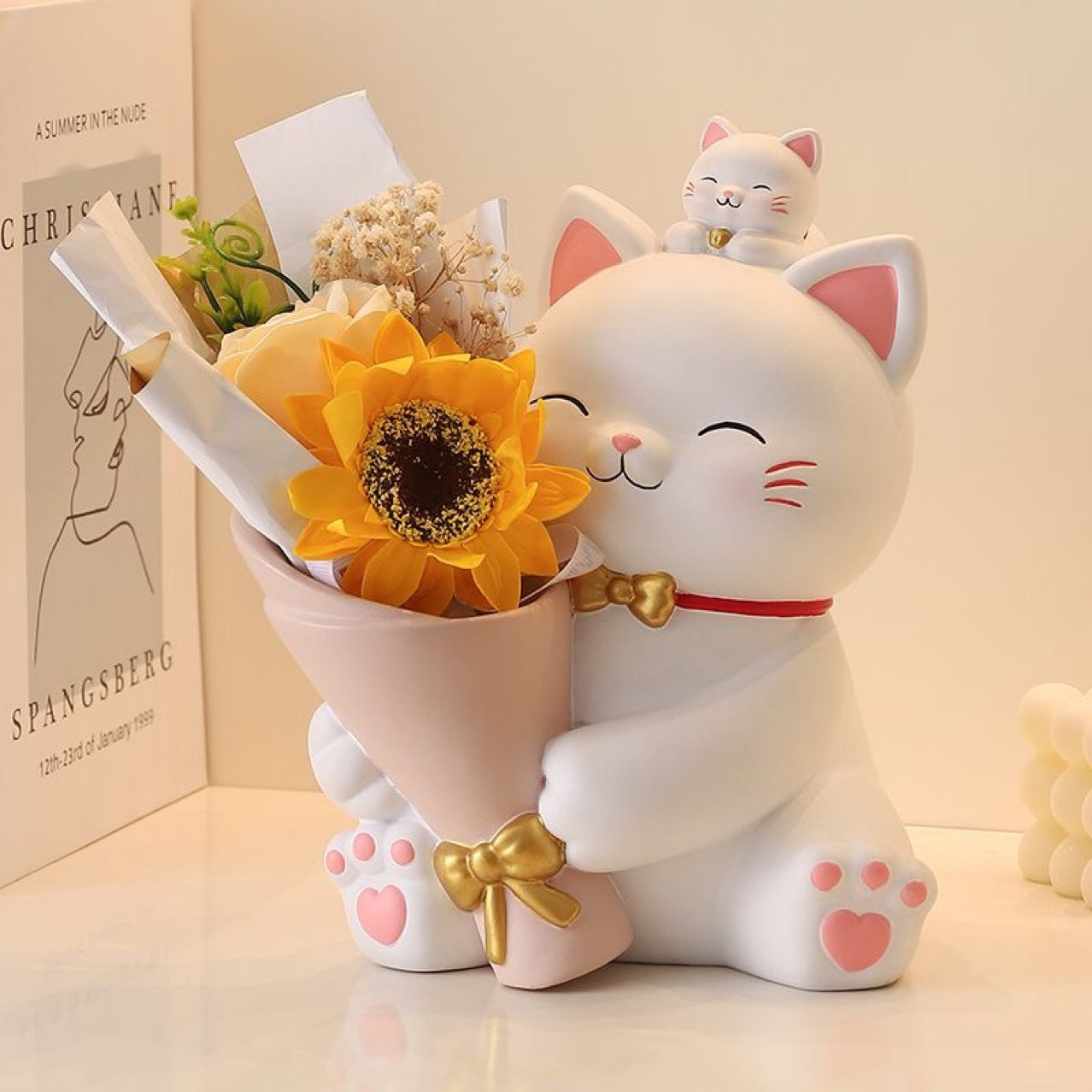Resin Lucky Cat with Flower Bouquet – Feng Shui Home & Office Decor, Living Room & Entryway Ornament