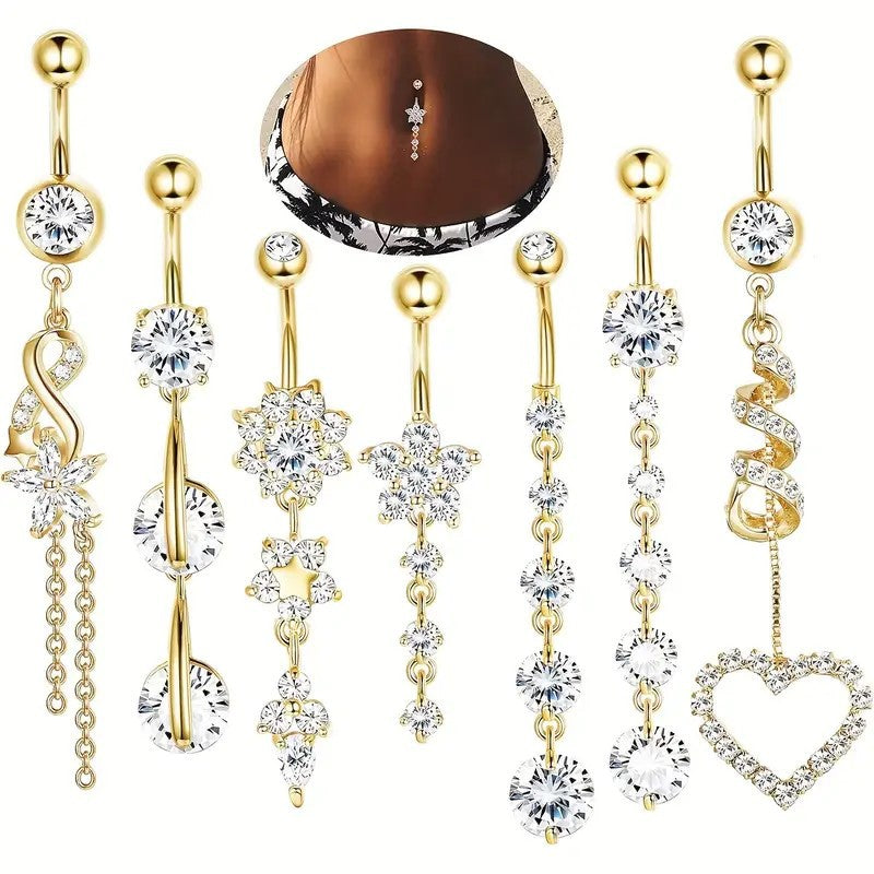 7pcs Elegant Floral Tassel Navel Stud Set – Fashion Belly Button Piercing Jewelry for Women