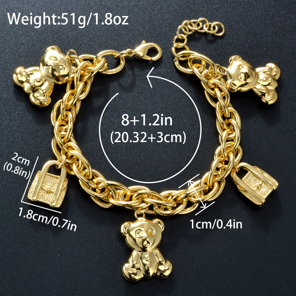 Gold-Tone Bear & Handbag Charm Bracelet – Elegant Copper Jewelry with Teddy Bear & Lock Pendants, Perfect Gift for Parties & Daily Wear