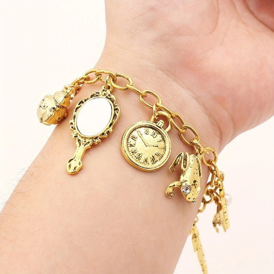 Vintage Charm Bracelet – Retro Clock, Mirror, Key, Frog, Teapot & Shoe Pendants, Unique Medieval Style Jewelry Gift