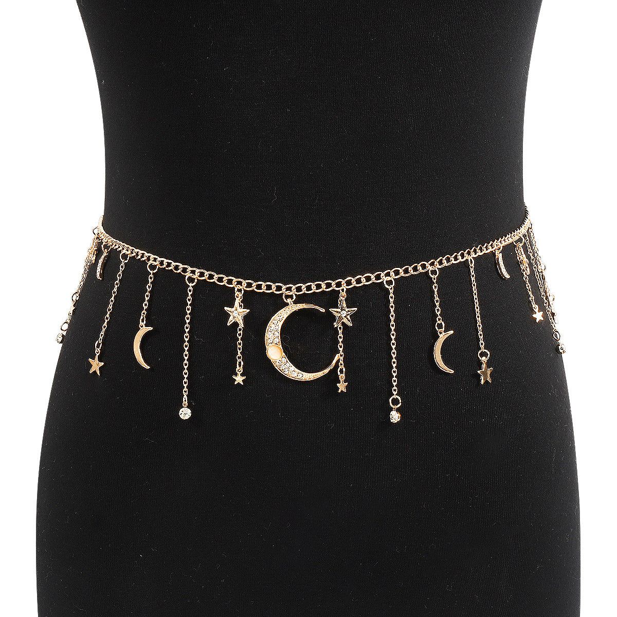 Bohemian Celestial Waist Chain – Star & Moon Necklace with Tassels, White Gold-Plated Jewelry for Women