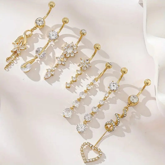 7pcs Elegant Floral Tassel Navel Stud Set โ Fashion Belly Button Piercing Jewelry for Women