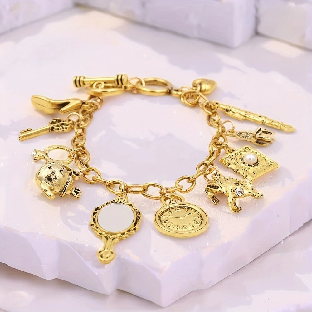 Vintage Charm Bracelet – Retro Clock, Mirror, Key, Frog, Teapot & Shoe Pendants, Unique Medieval Style Jewelry Gift