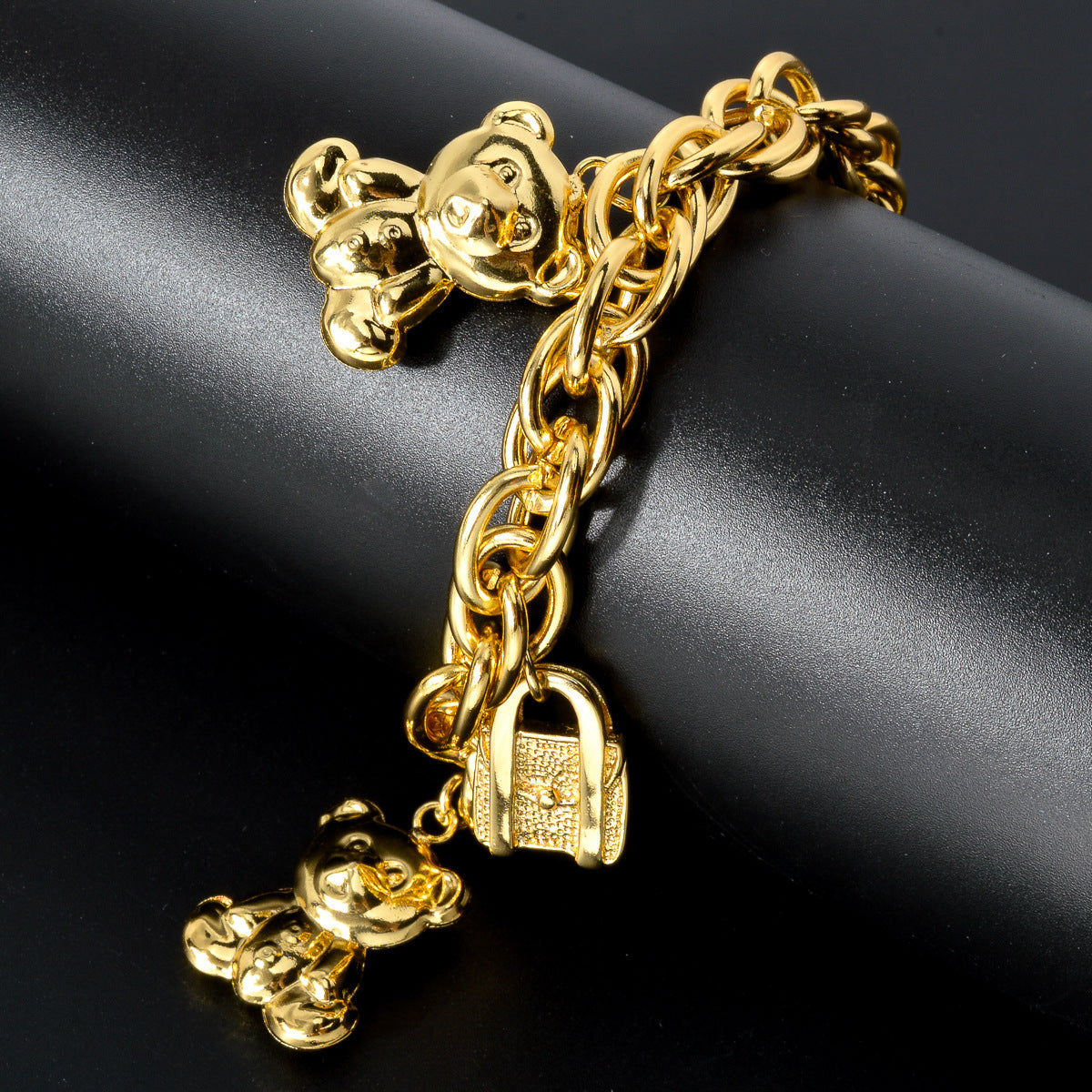 Gold-Tone Bear & Handbag Charm Bracelet – Elegant Copper Jewelry with Teddy Bear & Lock Pendants, Perfect Gift for Parties & Daily Wear