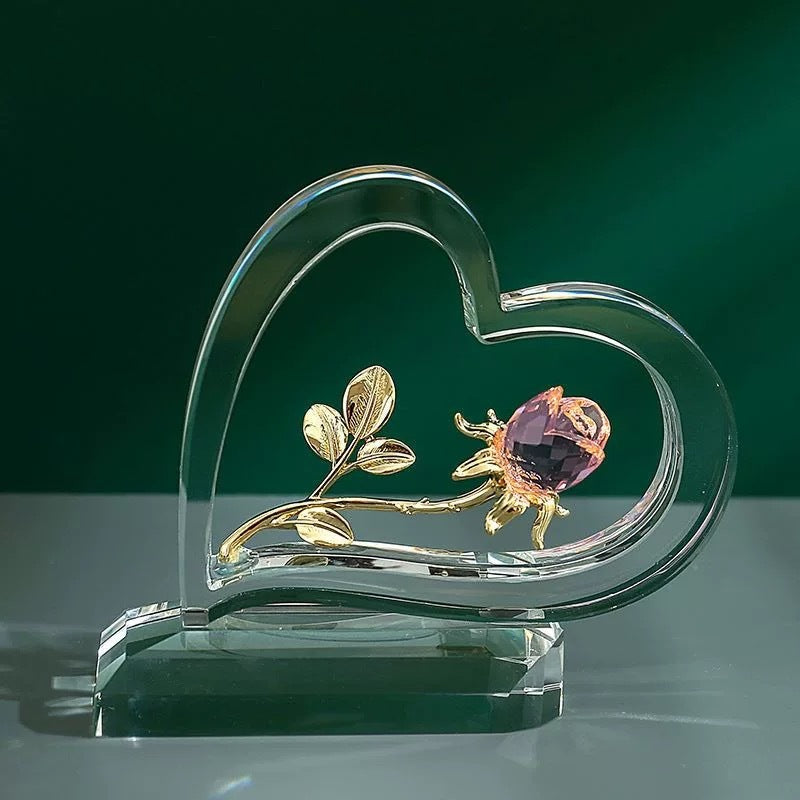 Heart-Shaped Crystal Rose Ornament – Romantic Glass Flower Statue with Gift Box, Perfect for Valentine’s Day, Anniversary, or Wedding Gift
