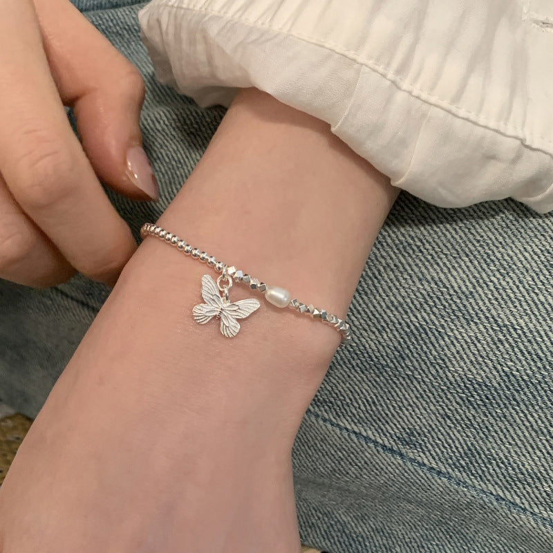 S925 Sterling Silver Butterfly & Pearl Bracelet for Women – Delicate Dainty Jewelry