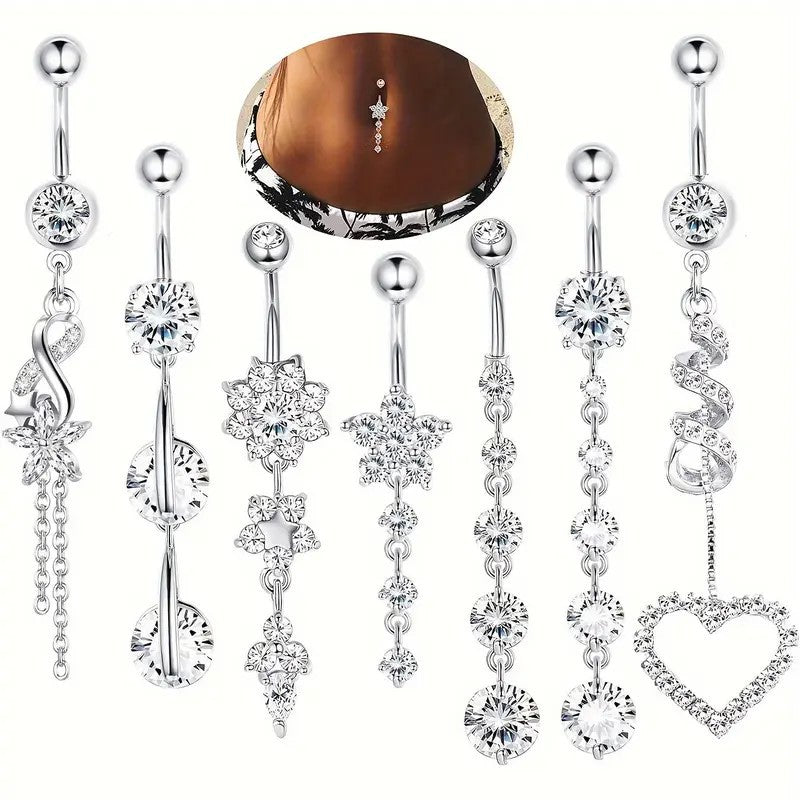 7pcs Elegant Floral Tassel Navel Stud Set – Fashion Belly Button Piercing Jewelry for Women