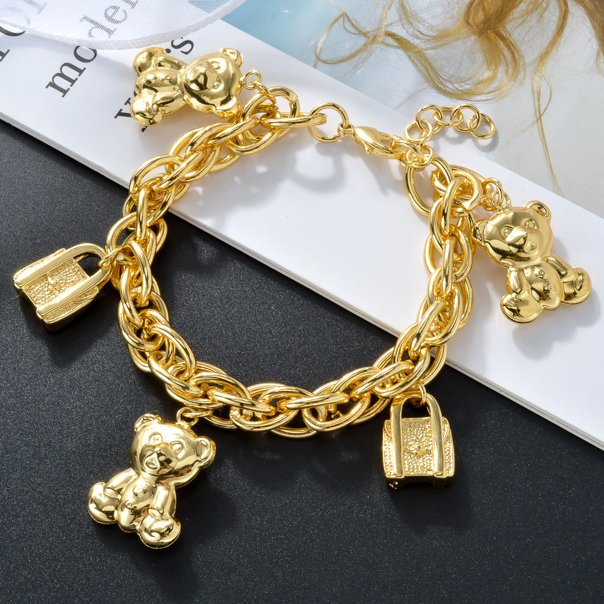 Gold-Tone Bear & Handbag Charm Bracelet – Elegant Copper Jewelry with Teddy Bear & Lock Pendants, Perfect Gift for Parties & Daily Wear