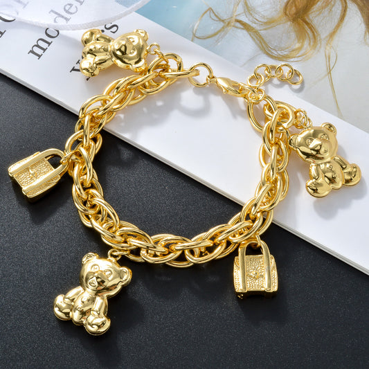 Gold-Tone Bear & Handbag Charm Bracelet – Elegant Copper Jewelry with Teddy Bear & Lock Pendants, Perfect Gift for Parties & Daily Wear