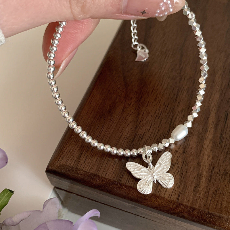 S925 Sterling Silver Butterfly & Pearl Bracelet for Women – Delicate Dainty Jewelry