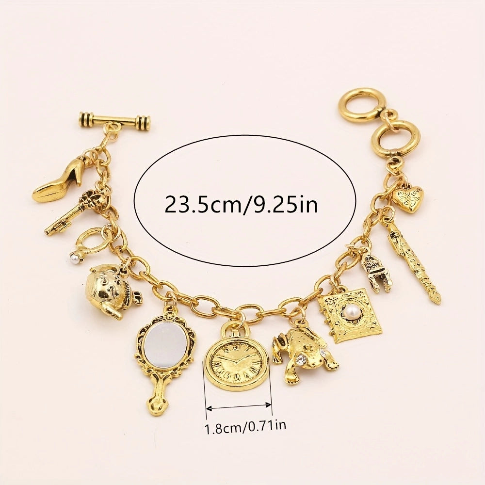 Vintage Charm Bracelet – Retro Clock, Mirror, Key, Frog, Teapot & Shoe Pendants, Unique Medieval Style Jewelry Gift