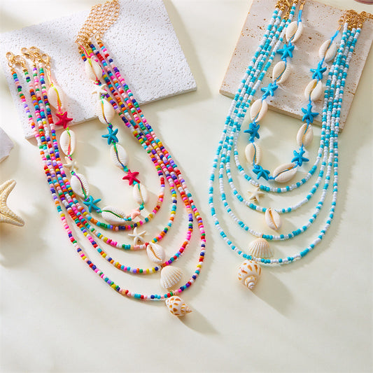 5-Piece Multi-Layer Summer Beach Necklace Set – Starfish, Shell, Conch & Bead Fashion Jewelry for Women