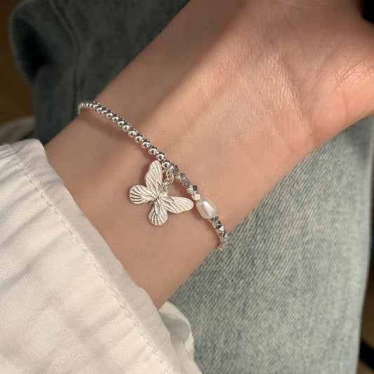S925 Sterling Silver Butterfly & Pearl Bracelet for Women – Delicate Dainty Jewelry