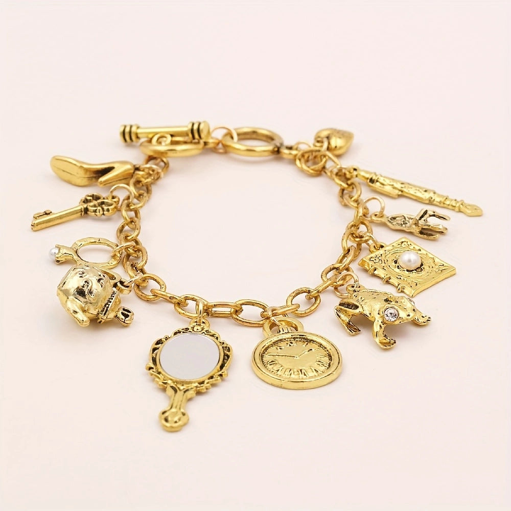 Vintage Charm Bracelet – Retro Clock, Mirror, Key, Frog, Teapot & Shoe Pendants, Unique Medieval Style Jewelry Gift
