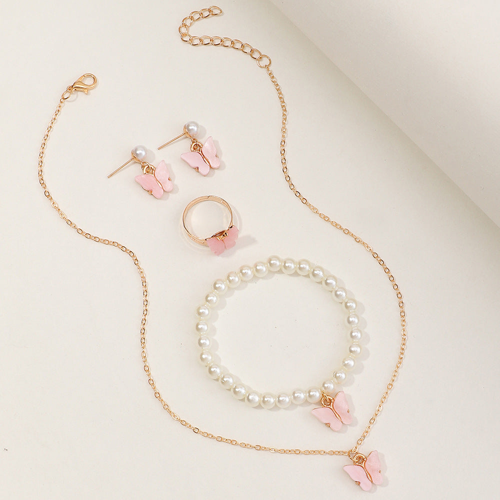 Girls’ Jewelry Gift Set – Butterfly Necklace with Pearl Bracelet, Ring & Earrings