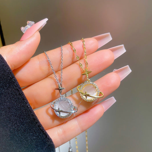 Women’s Light Luxury Opal Planet Necklace – Real Gold Micro-Inlaid Pendant Jewelry, Elegant Gift for Her
