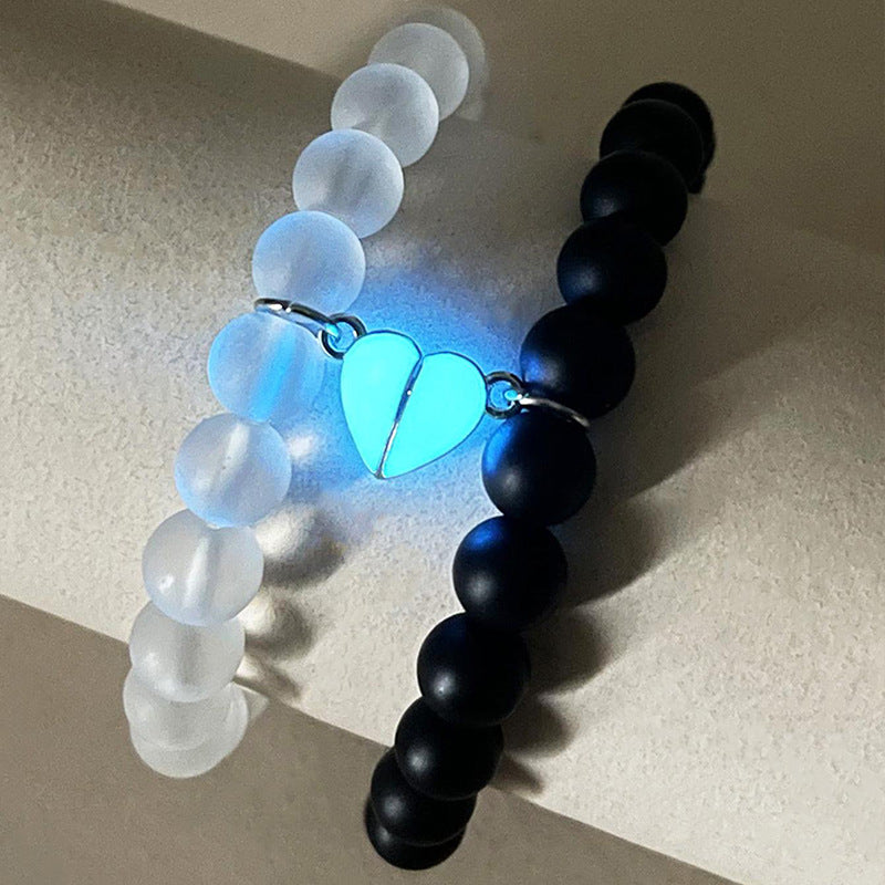 2pcs Handmade Glow-in-the-Dark Couple Bracelets – Crown & Luminous Heart Beaded Charms for Men & Women | Romantic Fluorescent Jewelry Gift