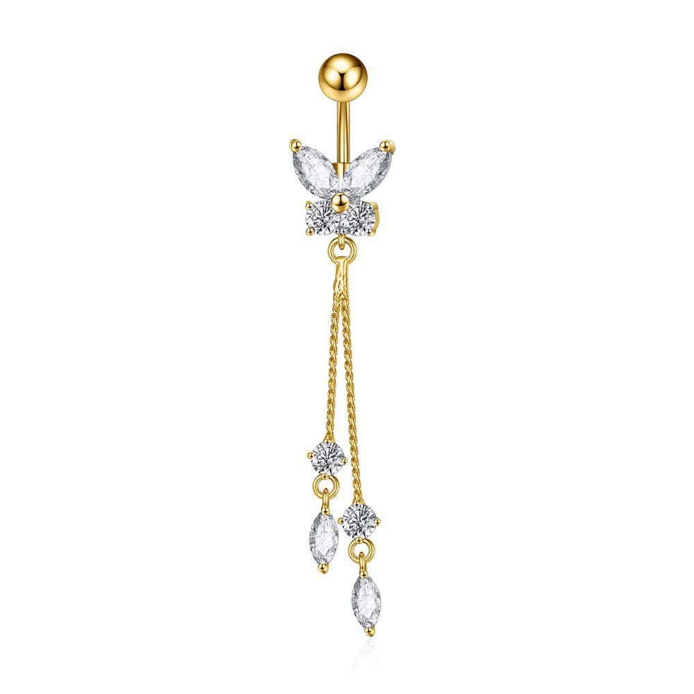Butterfly Zircon Tassel Belly Button Ring – Trendy Stainless Steel Navel Piercing Jewelry for Women