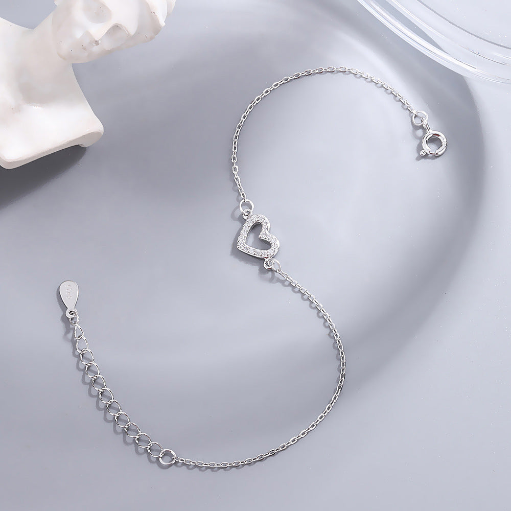 S925 Sterling Silver Diamond Love Anklet – Elegant Women’s Jewelry, Adjustable Heart Charm Foot Chain