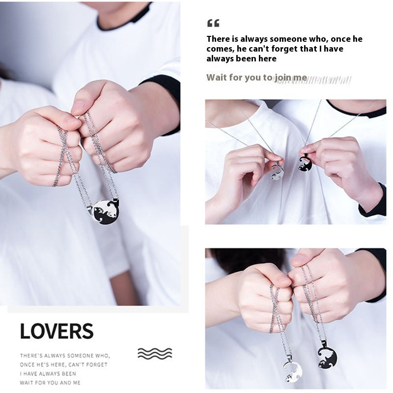 Couple Cat Necklace – Black & White Stainless Steel Kitten Pendant Jewelry for Lovers & Friends