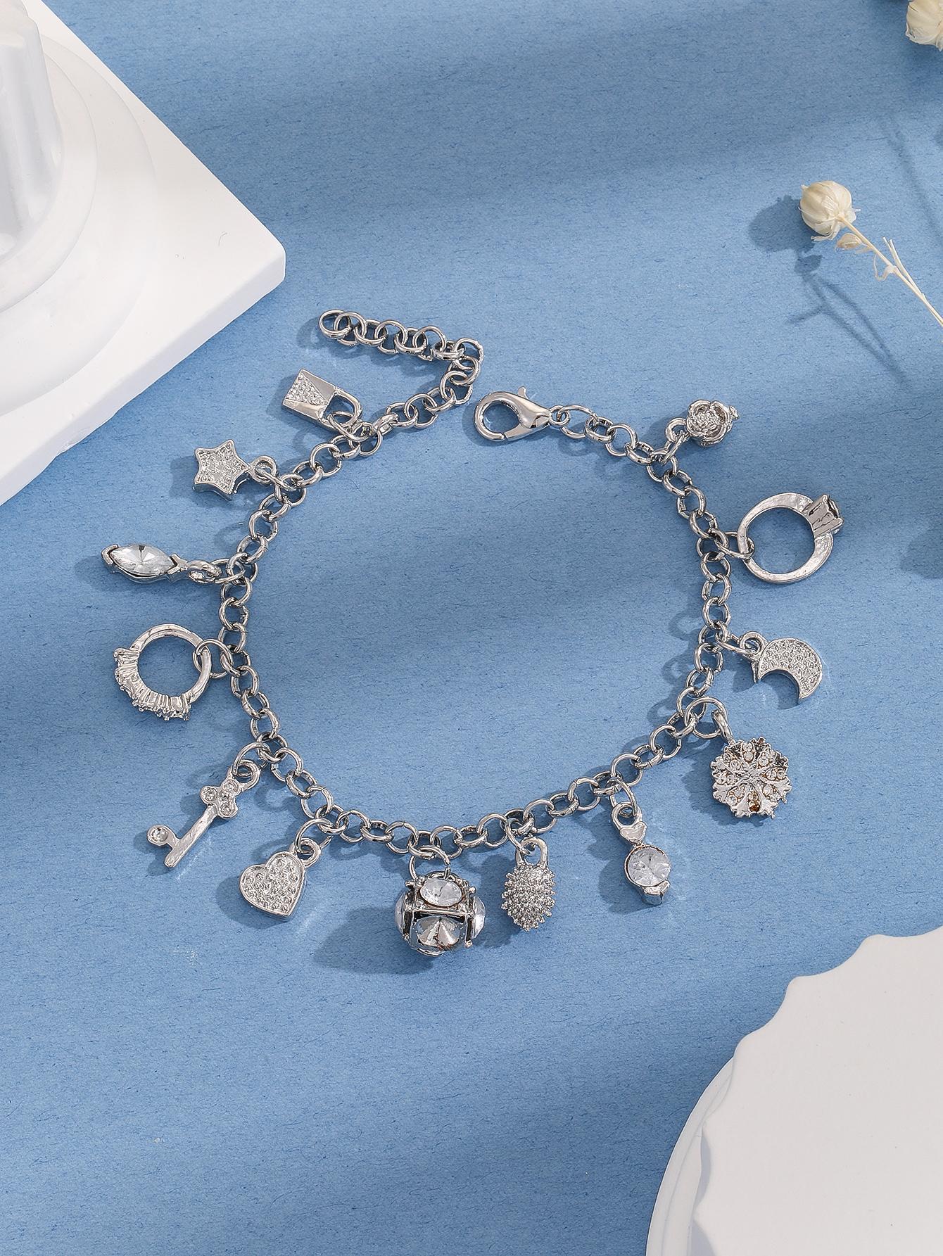 Boho Silver Plated Copper Charm Bracelet – Fashion Jewelry with 13 Unique Pendants, Trendy Multi-Element Design