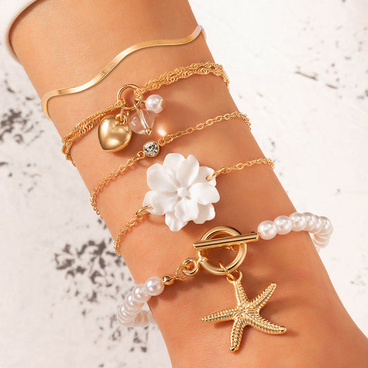5-Piece White Flower & Starfish Pearl Bracelet Set – Summer Beach Jewelry for Women